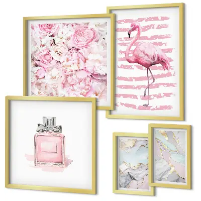 Galeria de parede com detalhes elegantes em rosa e flores de flamingo