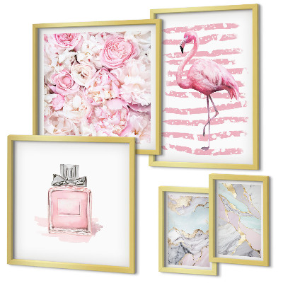 Galeria de parede Elegantes detalhes em rosa com flores de flamingo.