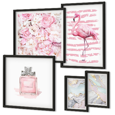 Galeria de parede Elegantes detalhes em rosa com flores de flamingo.