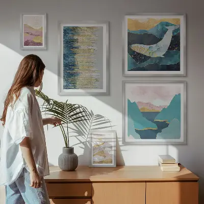Galeria de quadros para parede montanhas abstratas em estilo moderno no tom mar