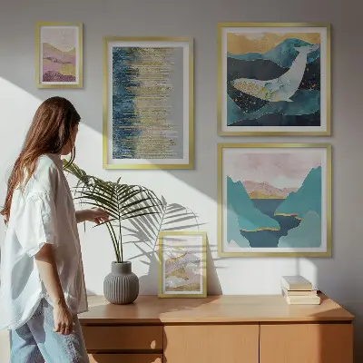 Galeria de quadros para parede montanhas abstratas em estilo moderno no tom mar