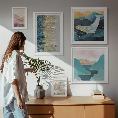 Galeria de quadros para parede montanhas abstratas em estilo moderno no tom mar