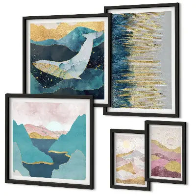 Galeria de quadros para parede montanhas abstratas em estilo moderno no tom mar