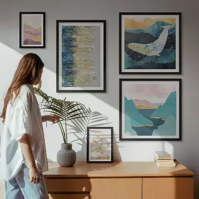 Galeria de quadros para parede montanhas abstratas em estilo moderno no tom mar