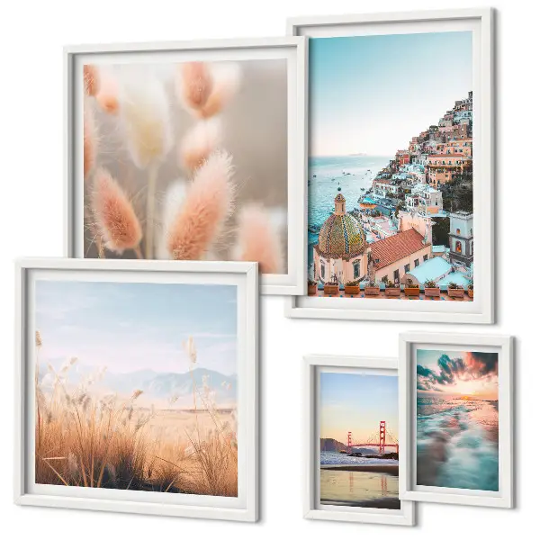 Conjunto de 5 quadros com moldura com paisagens de natureza costeira