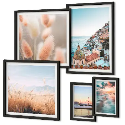 Conjunto de 5 quadros com moldura com paisagens de natureza costeira