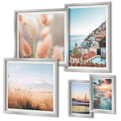 Conjunto de 5 quadros com moldura com paisagens de natureza costeira