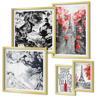 Galeria de parede com estampas de flores e padrões parisienses