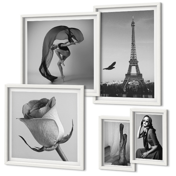 Conjunto de 5 quadros com moldura Elegante Paris em preto e branco