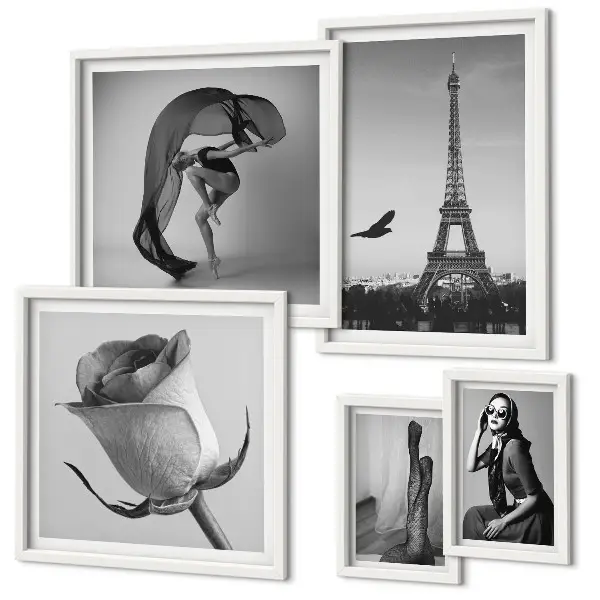 Conjunto de 5 quadros com moldura estampa elegante de Paris em preto e branco