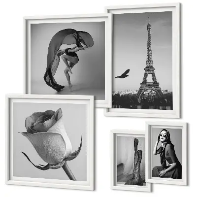 Conjunto de 5 quadros com moldura estampa elegante de Paris em preto e branco