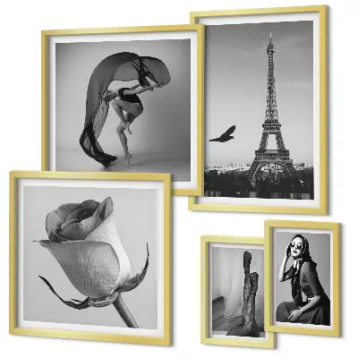 Conjunto de 5 quadros com moldura estampa elegante de Paris em preto e branco
