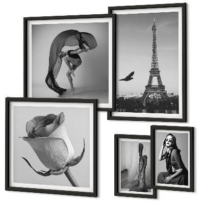 Conjunto de 5 quadros com moldura Elegante Paris em preto e branco