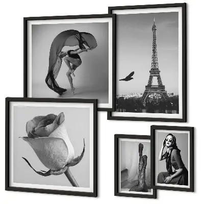 Conjunto de 5 quadros com moldura estampa elegante de Paris em preto e branco