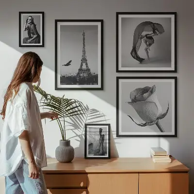 Conjunto de 5 quadros com moldura estampa elegante de Paris em preto e branco