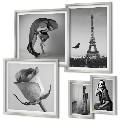 Conjunto de 5 quadros com moldura Elegante Paris em preto e branco