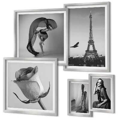Conjunto de 5 quadros com moldura estampa elegante de Paris em preto e branco