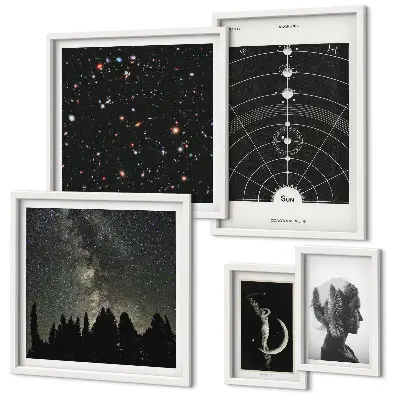 Conjunto de 5 quadros decorativos com tema de inspirações cósmicas da galáxia