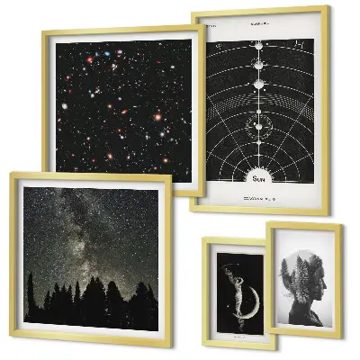 Conjunto de 5 quadros decorativos com tema de inspirações cósmicas da galáxia