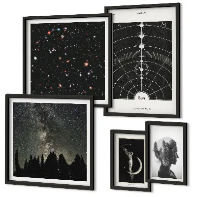 Conjunto de 5 quadros decorativos com tema de inspirações cósmicas da galáxia