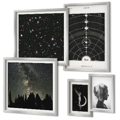 Conjunto de 5 quadros decorativos com tema de inspirações cósmicas da galáxia