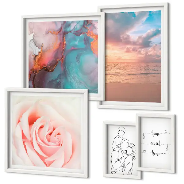Conjunto de 5 quadros com moldura com tema de paisagens marítimas românticas