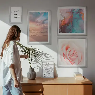 Conjunto de 5 quadros com moldura com tema de paisagens marítimas românticas