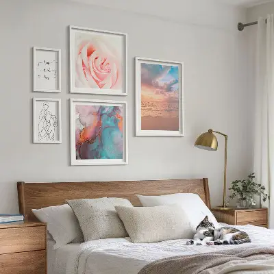 Conjunto de 5 quadros com moldura com tema de paisagens marítimas românticas
