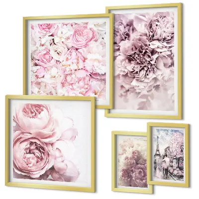Conjunto de 5 quadros decorativos com estampas de arranjos florais vintage