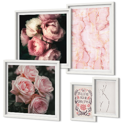 Conjunto de 5 quadros com moldura Flores rosa estilo boho