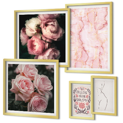 Conjunto de 5 quadros com moldura Flores rosa estilo boho