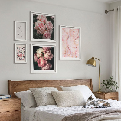 Conjunto de 5 quadros com moldura Flores rosa estilo boho