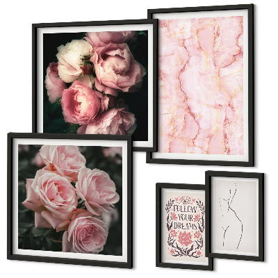 Conjunto de 5 quadros com moldura Flores rosa estilo boho