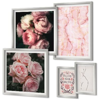 Conjunto de 5 quadros com moldura Flores rosa estilo boho