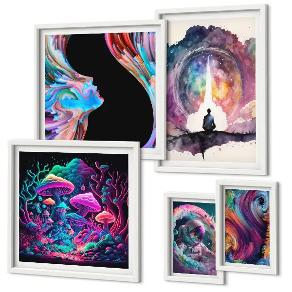 Conjunto de 5 quadros decorativos com temática de inspirações cósmicas e surrealismo