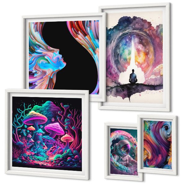 Conjunto de 5 quadros decorativos inspirações cósmicas surrealismo