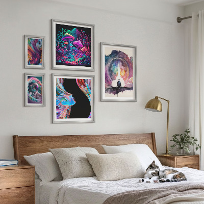 Conjunto de 5 quadros decorativos inspirações cósmicas surrealismo