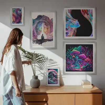 Conjunto de 5 quadros decorativos com temática de inspirações cósmicas e surrealismo
