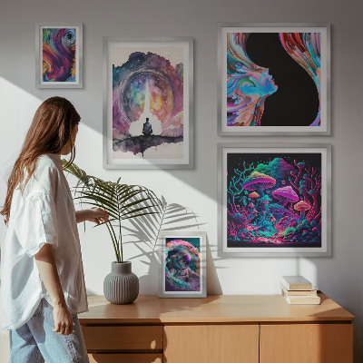 Conjunto de 5 quadros decorativos inspirações cósmicas surrealismo