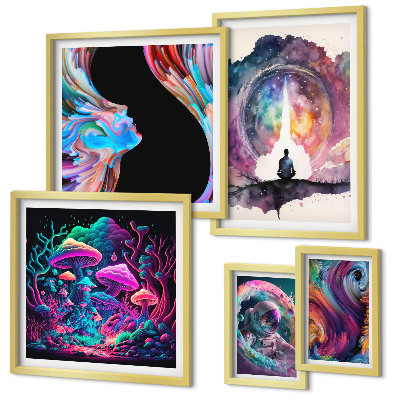 Conjunto de 5 quadros decorativos inspirações cósmicas surrealismo
