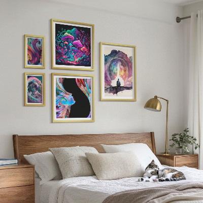 Conjunto de 5 quadros decorativos inspirações cósmicas surrealismo