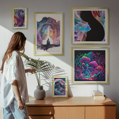 Conjunto de 5 quadros decorativos inspirações cósmicas surrealismo
