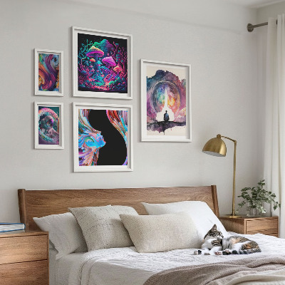 Conjunto de 5 quadros decorativos inspirações cósmicas surrealismo