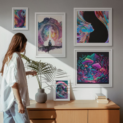 Conjunto de 5 quadros decorativos inspirações cósmicas surrealismo