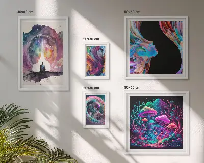 Conjunto de 5 quadros decorativos com temática de inspirações cósmicas e surrealismo
