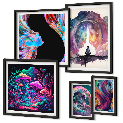 Conjunto de 5 quadros decorativos inspirações cósmicas surrealismo