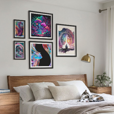 Conjunto de 5 quadros decorativos inspirações cósmicas surrealismo