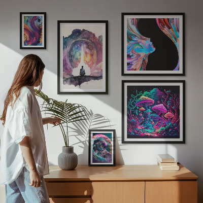 Conjunto de 5 quadros decorativos inspirações cósmicas surrealismo
