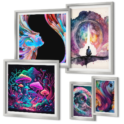 Conjunto de 5 quadros decorativos inspirações cósmicas surrealismo