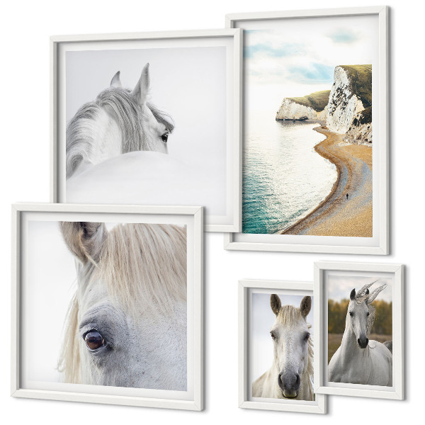 Conjunto de 5 quadros com moldura Cavalos praia natureza minimalismo